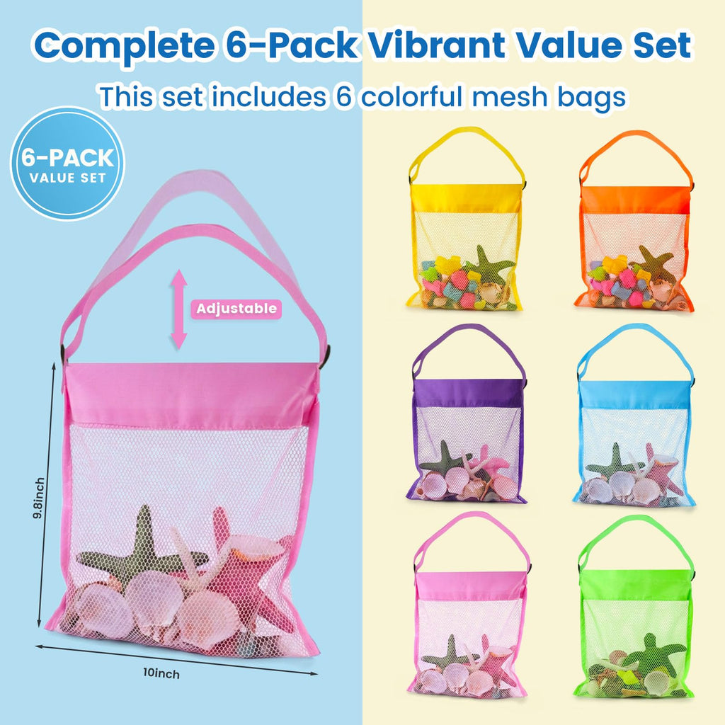 FUTUREPLUSX 6-Pack Mesh Beach Bags for Kids – Colorful Seashell Collecting Bags with Adjustable Strap
