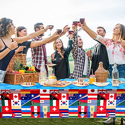 FuWeave 3-Pack International Flag Plastic Tablecloth – 108 x 54 Inch World Country Flags Theme Party Decor
