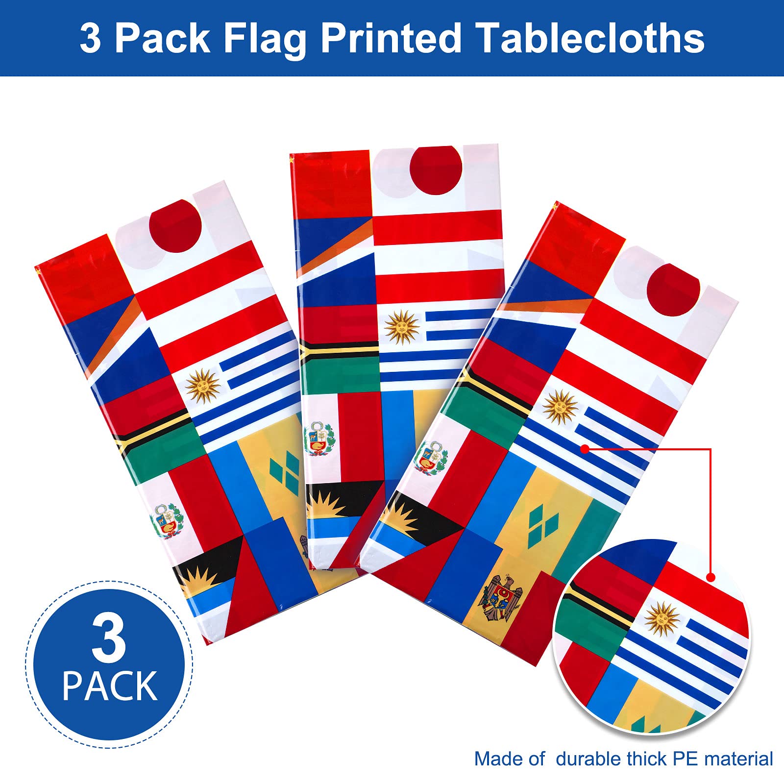 FuWeave 3-Pack International Flag Plastic Tablecloth – 108 x 54 Inch World Country Flags Theme Party Decor
