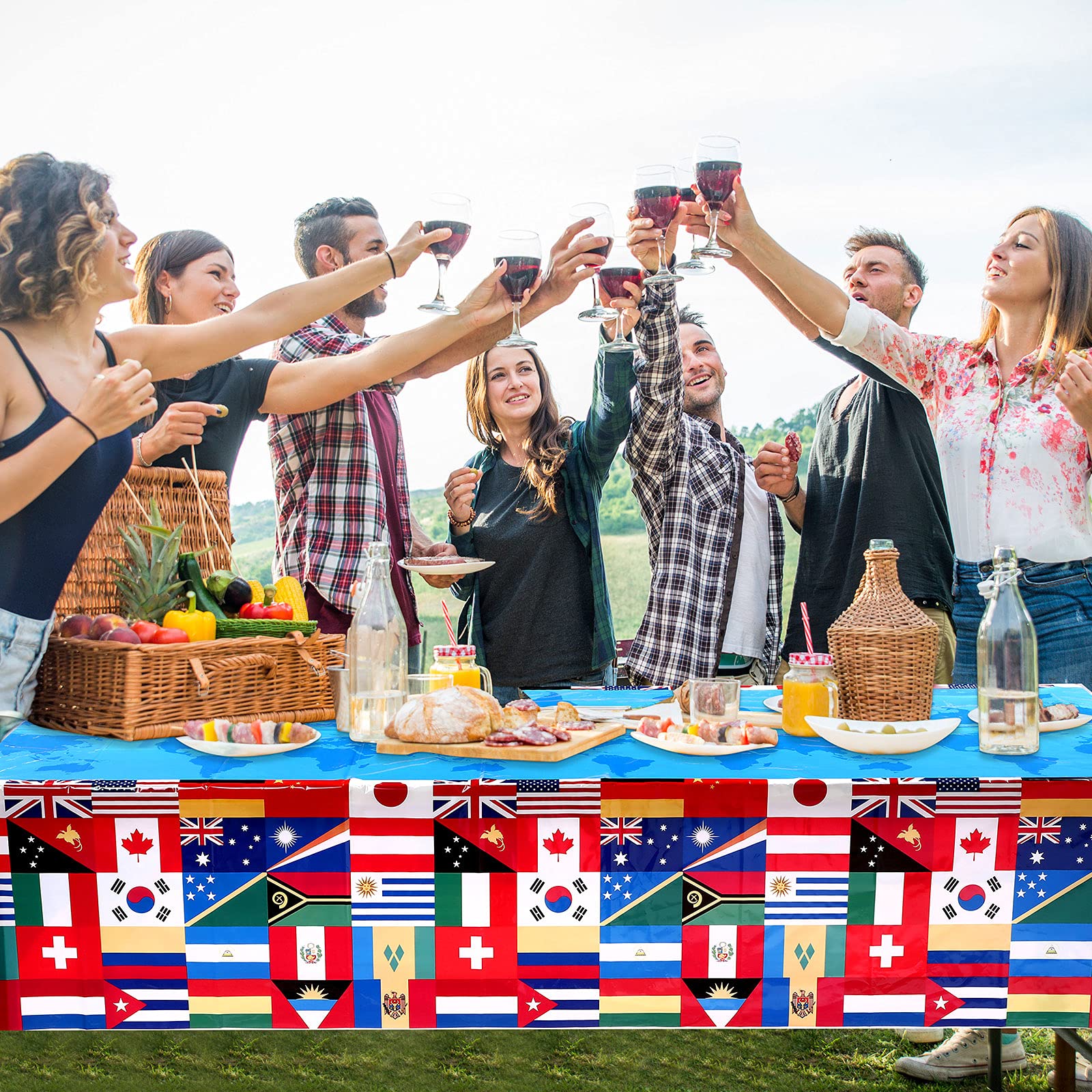 FuWeave 3-Pack International Flag Plastic Tablecloth – 108 x 54 Inch World Country Flags Theme Party Decor
