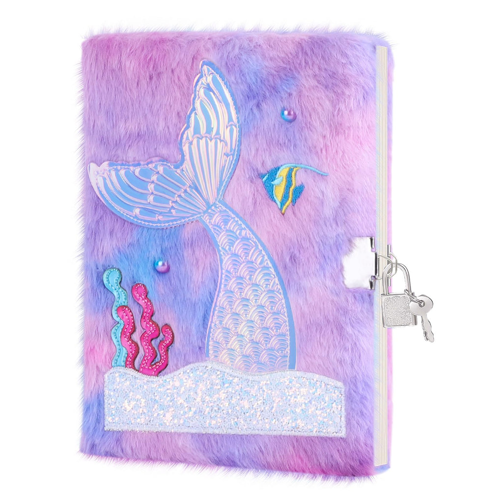 Fuzzy Mermaid Diary with Lock for Girls Ages 4-12 - 160 Pages A5 Fluffy Journal