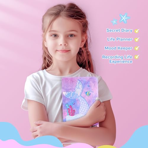 Fuzzy Mermaid Diary with Lock for Girls Ages 4-12 - 160 Pages A5 Fluffy Journal