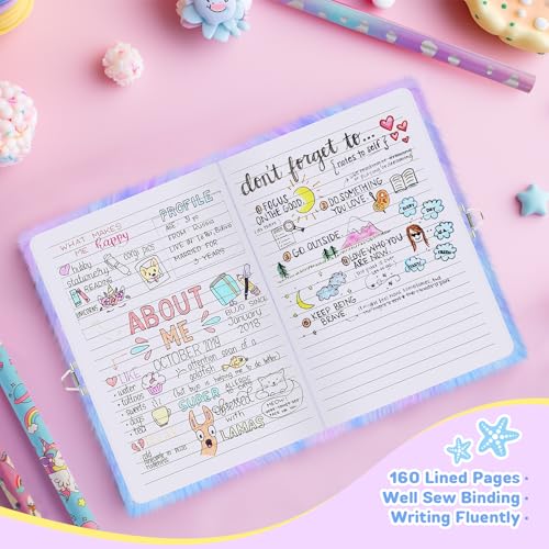 Fuzzy Mermaid Diary with Lock for Girls Ages 4-12 - 160 Pages A5 Fluffy Journal