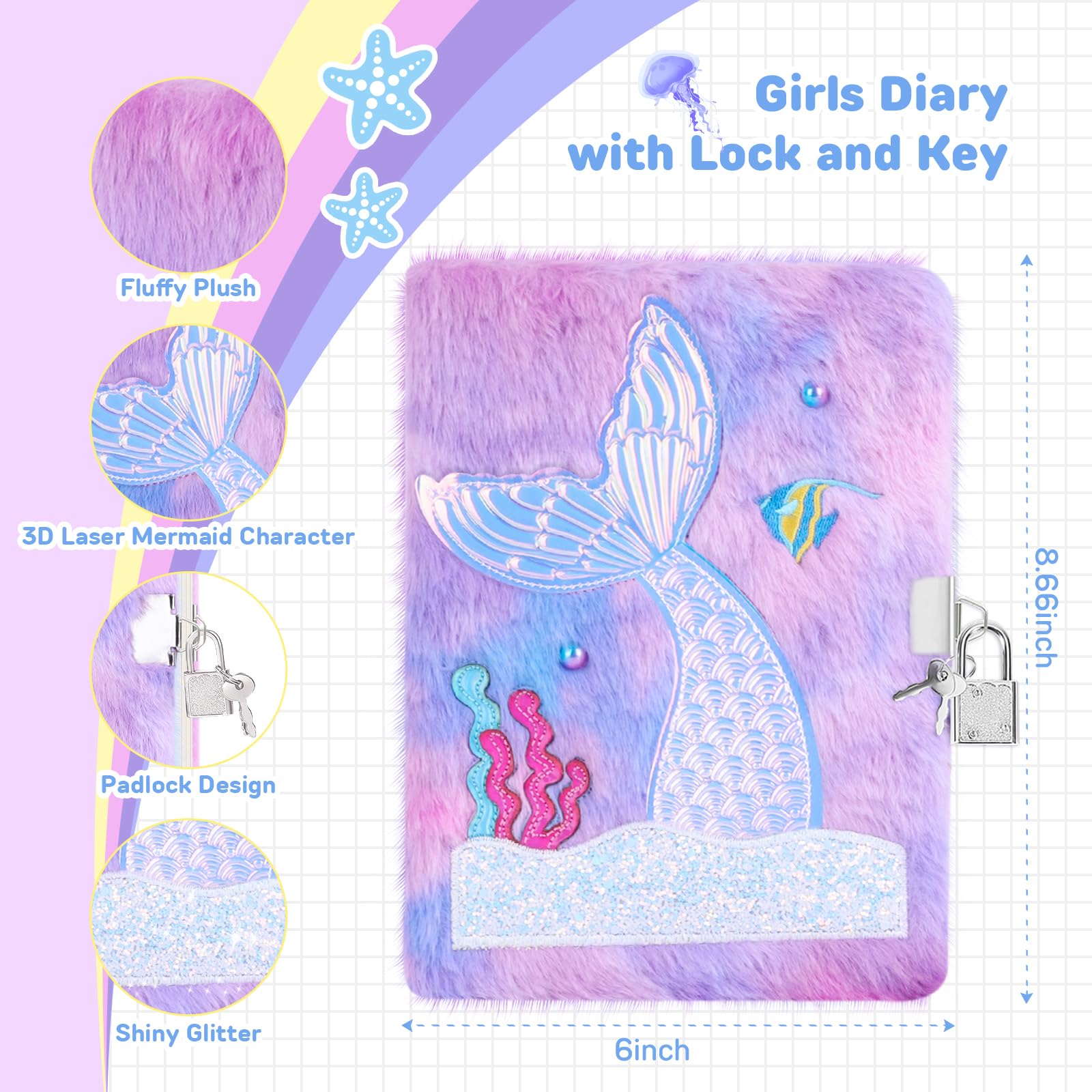 Fuzzy Mermaid Diary with Lock for Girls Ages 4-12 - 160 Pages A5 Fluffy Journal