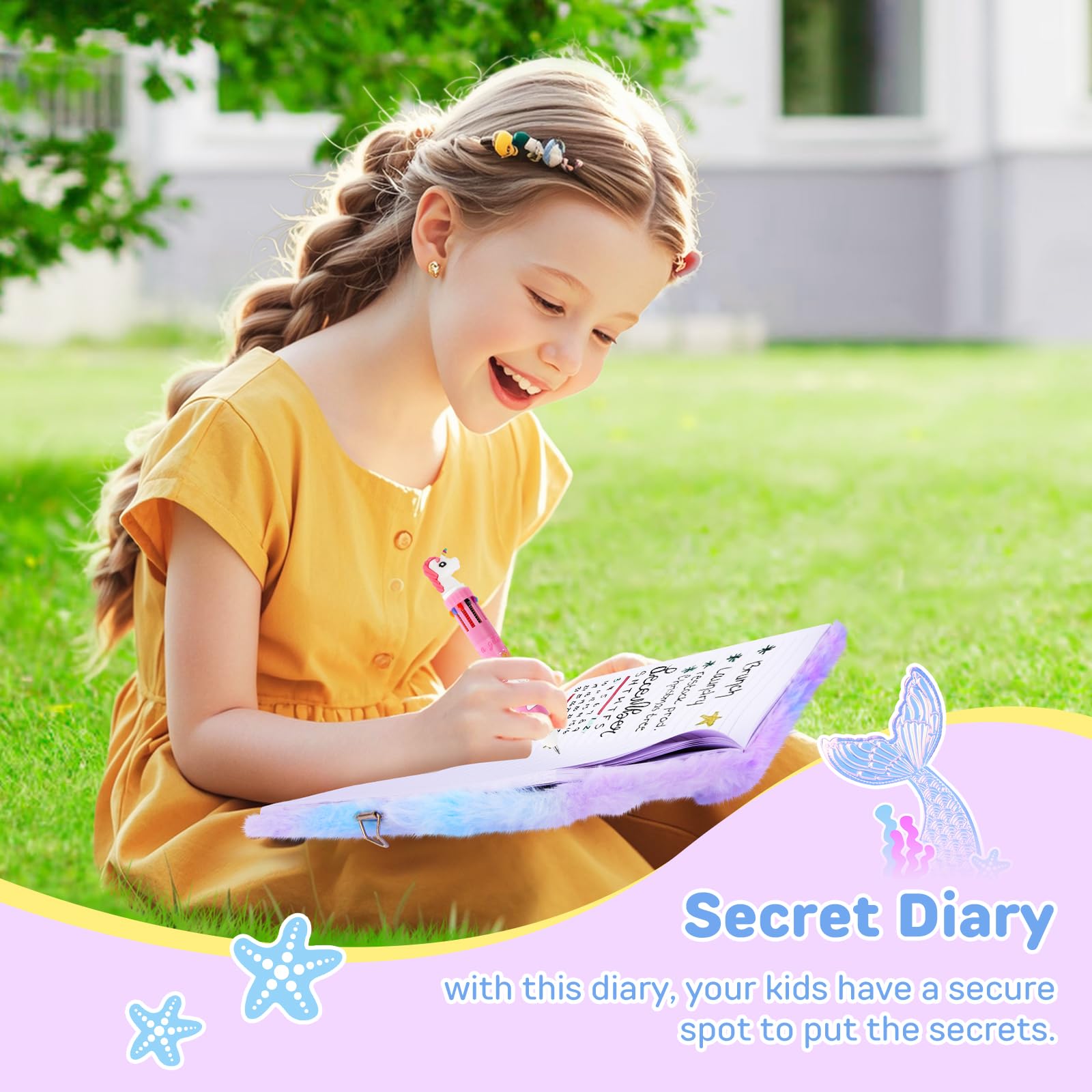Fuzzy Mermaid Diary with Lock for Girls Ages 4-12 - 160 Pages A5 Fluffy Journal