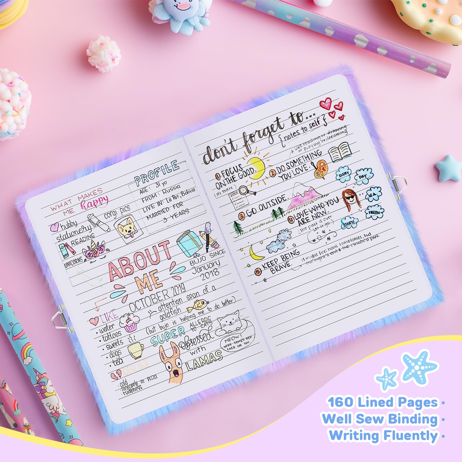 Fuzzy Mermaid Diary with Lock for Girls Ages 4-12 - 160 Pages A5 Fluffy Journal