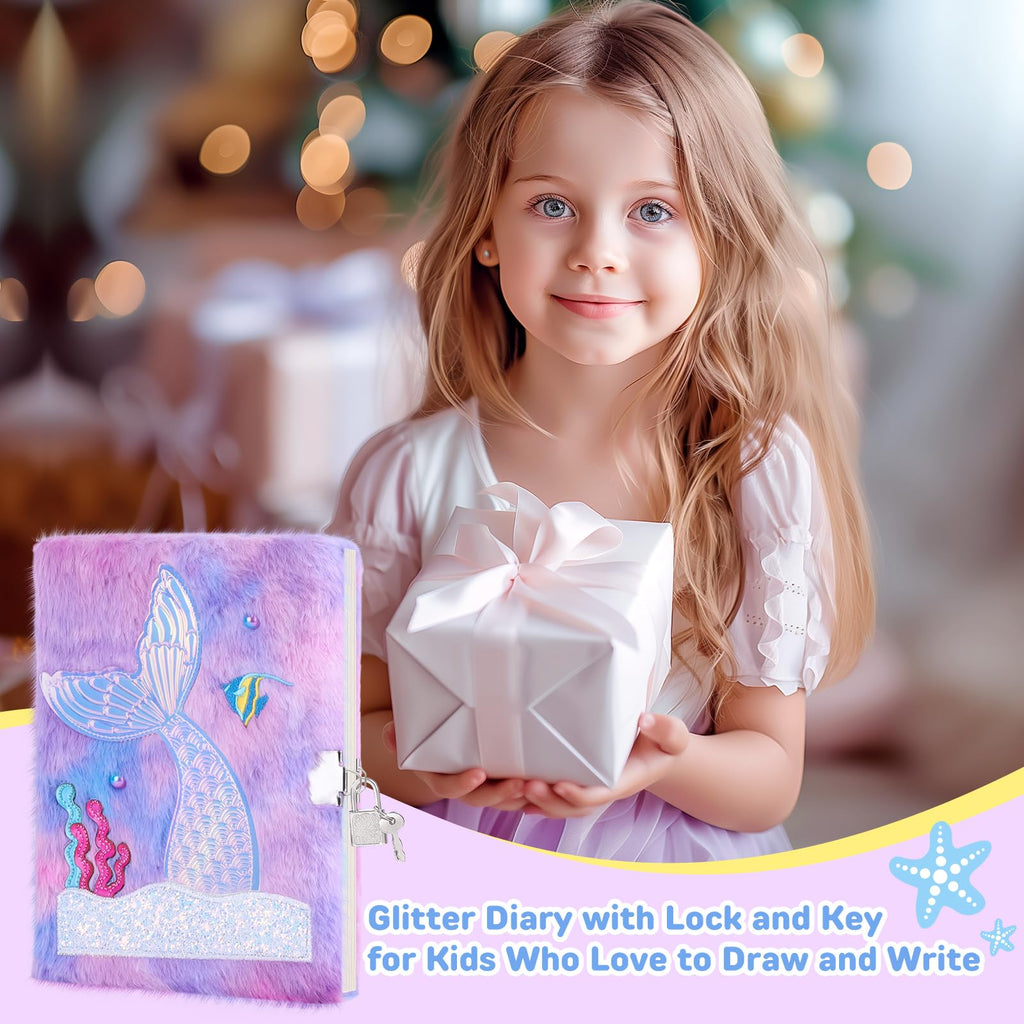 Fuzzy Mermaid Diary with Lock for Girls Ages 4-12 - 160 Pages A5 Fluffy Journal
