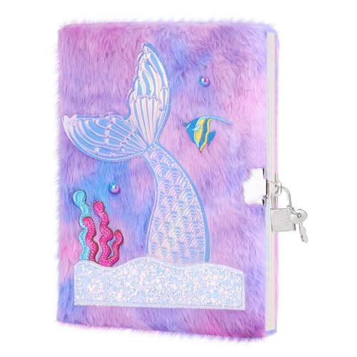 Fuzzy Mermaid Diary with Lock for Girls Ages 4-12 - 160 Pages A5 Fluffy Journal