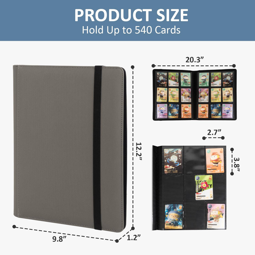 Fvxldcz 9-Pocket Trading Card Binder - PU Cover, Holds 540 Cards, Side-Loading, Gray