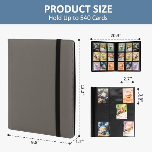 Fvxldcz 9-Pocket Trading Card Binder - PU Cover, Holds 540 Cards, Side-Loading, Gray