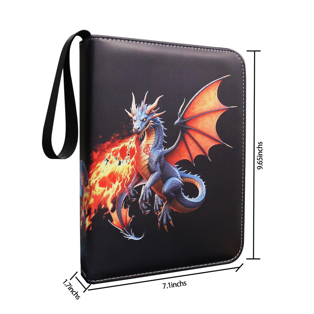 fweel Dragon Trading Card Binder - 4-Pocket Zipper Album Holds 400 Cards, Blue Dragon Design, PU Leather