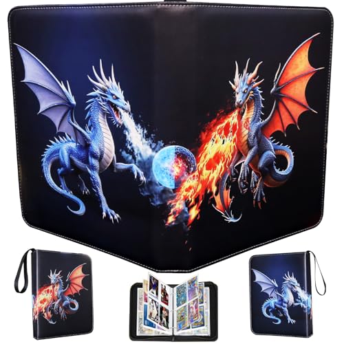 fweel Dragon Trading Card Binder - 4-Pocket Zipper Album Holds 400 Cards, Blue Dragon Design, PU Leather