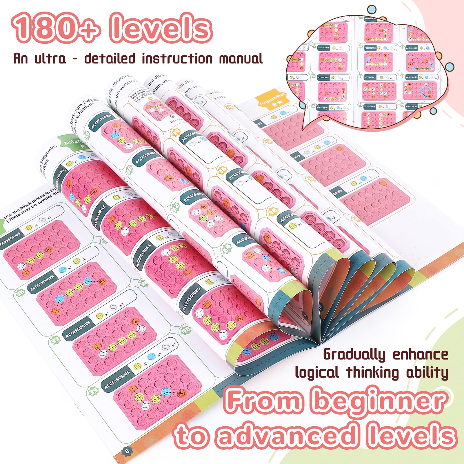 fygurso Pink 32-Piece Logic Road Builder: STEM Toy for Kids Ages 3-8 with 180+ Challenges
