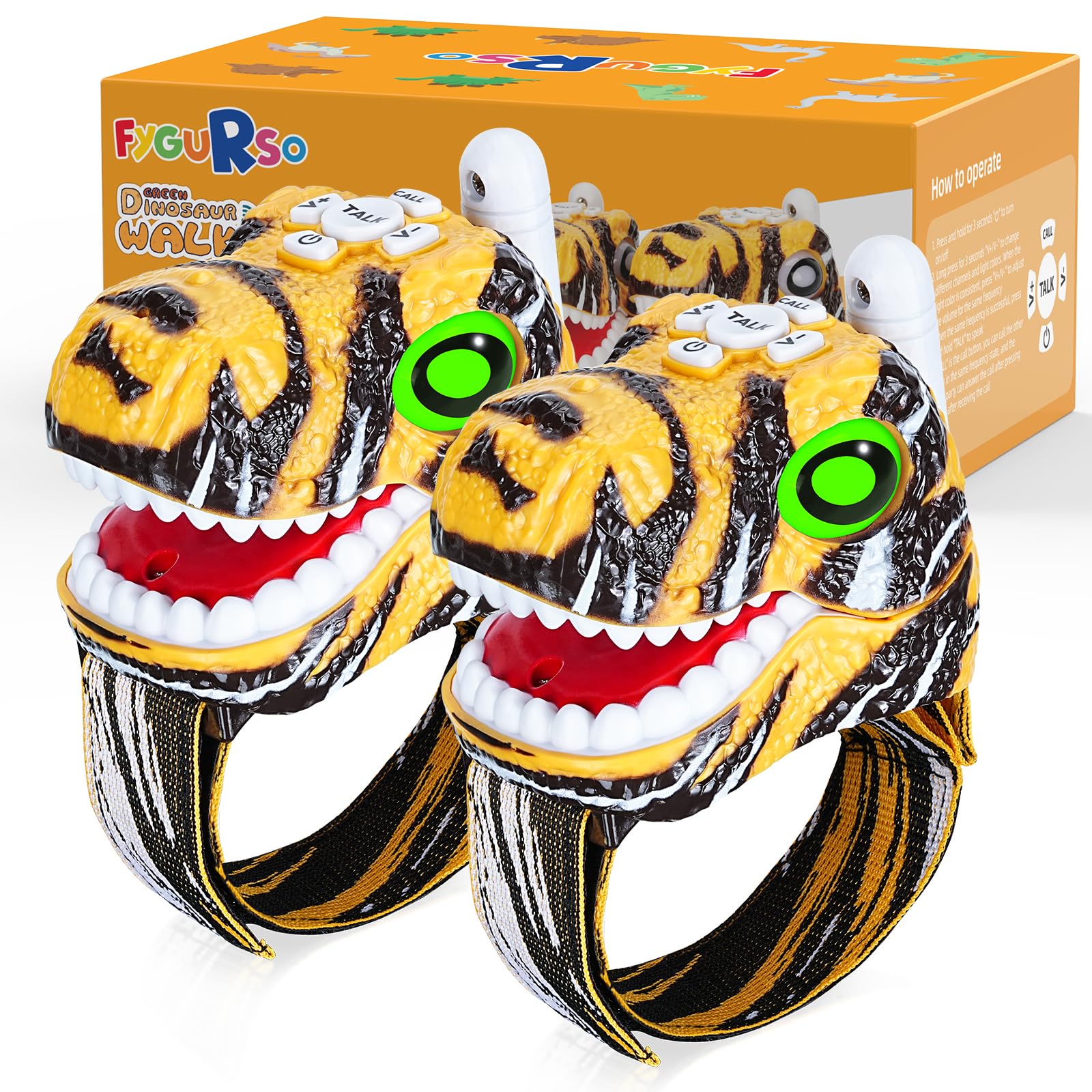 Fygurso Walkie Talkies for Kids 2 Pack - Yellow Dinosaur Design, 3280 ft Range, 48h Battery, Ages 3-8