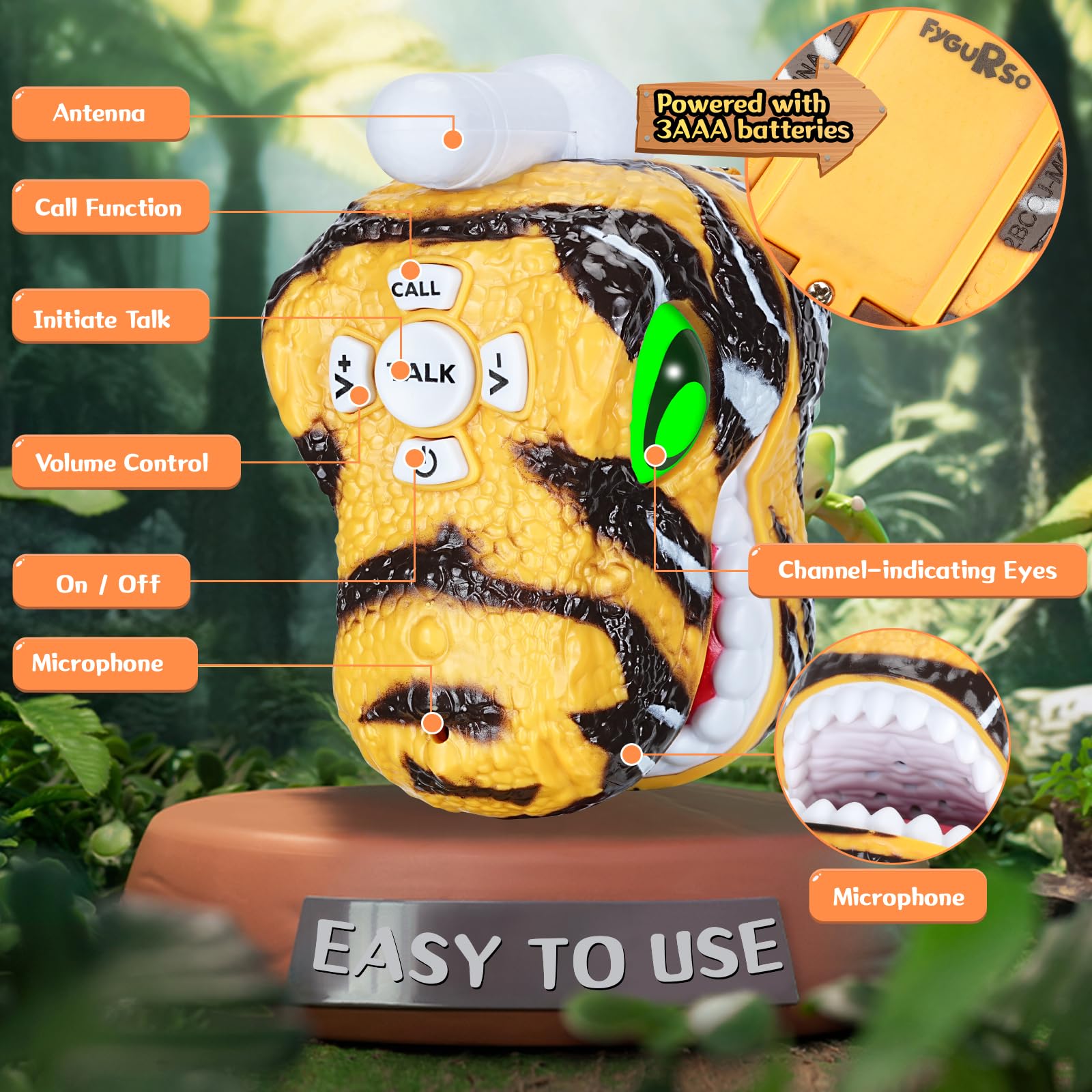 Fygurso Walkie Talkies for Kids 2 Pack - Yellow Dinosaur Design, 3280 ft Range, 48h Battery, Ages 3-8