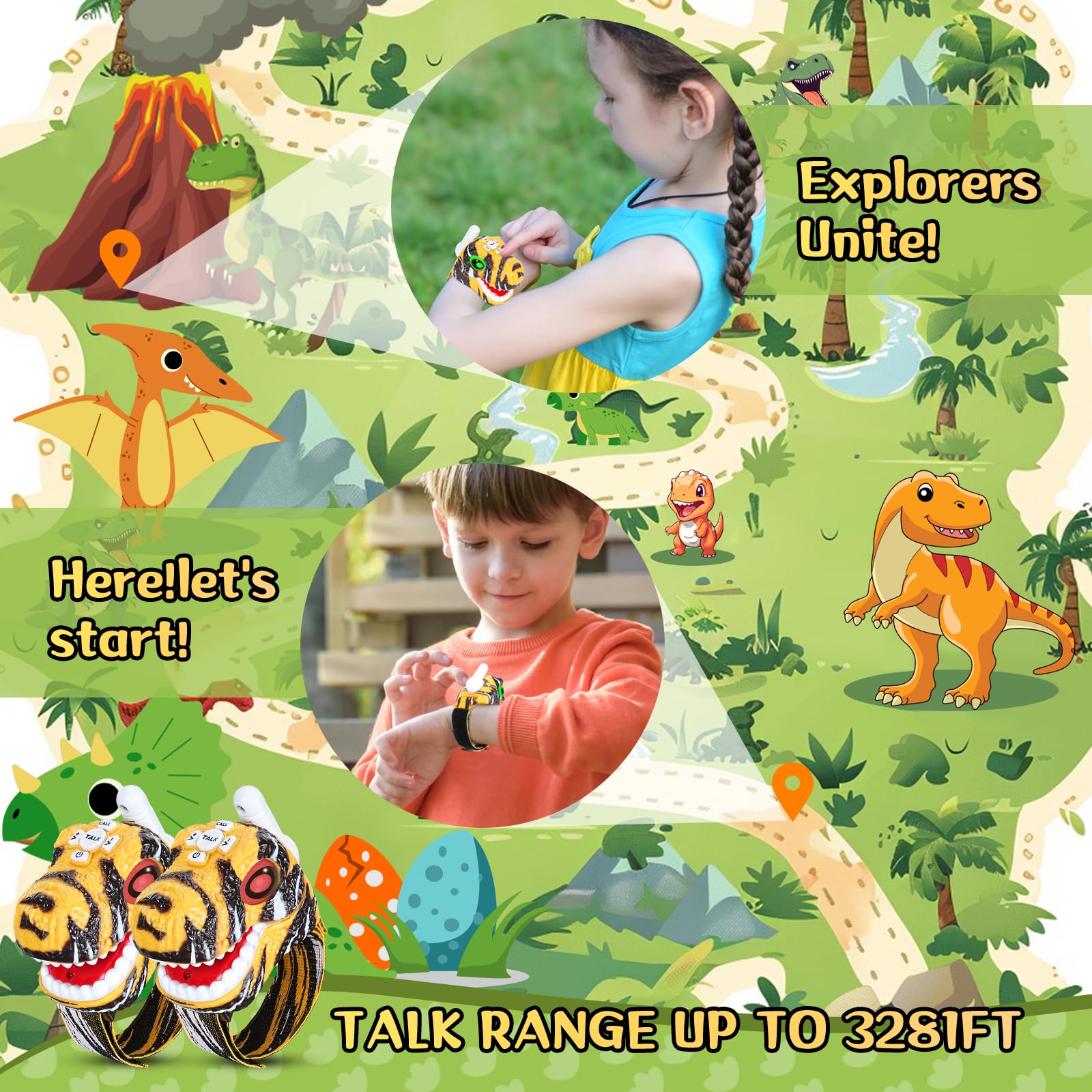 Fygurso Walkie Talkies for Kids 2 Pack - Yellow Dinosaur Design, 3280 ft Range, 48h Battery, Ages 3-8