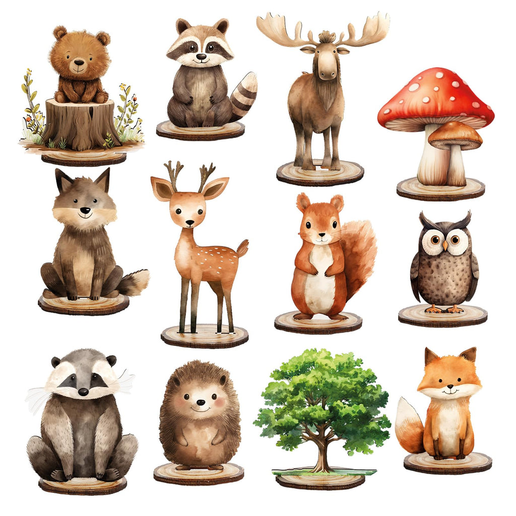 FYSUIMU 12-Piece Woodland Animal Wood Table Signs with Bases – Cute Farmhouse Tiered Tray Decor for Birthday, Baby Shower & Home