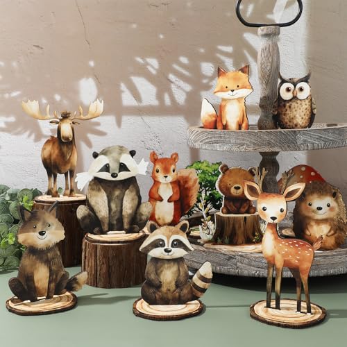 FYSUIMU 12-Piece Woodland Animal Wood Table Signs with Bases – Cute Farmhouse Tiered Tray Decor for Birthday, Baby Shower & Home