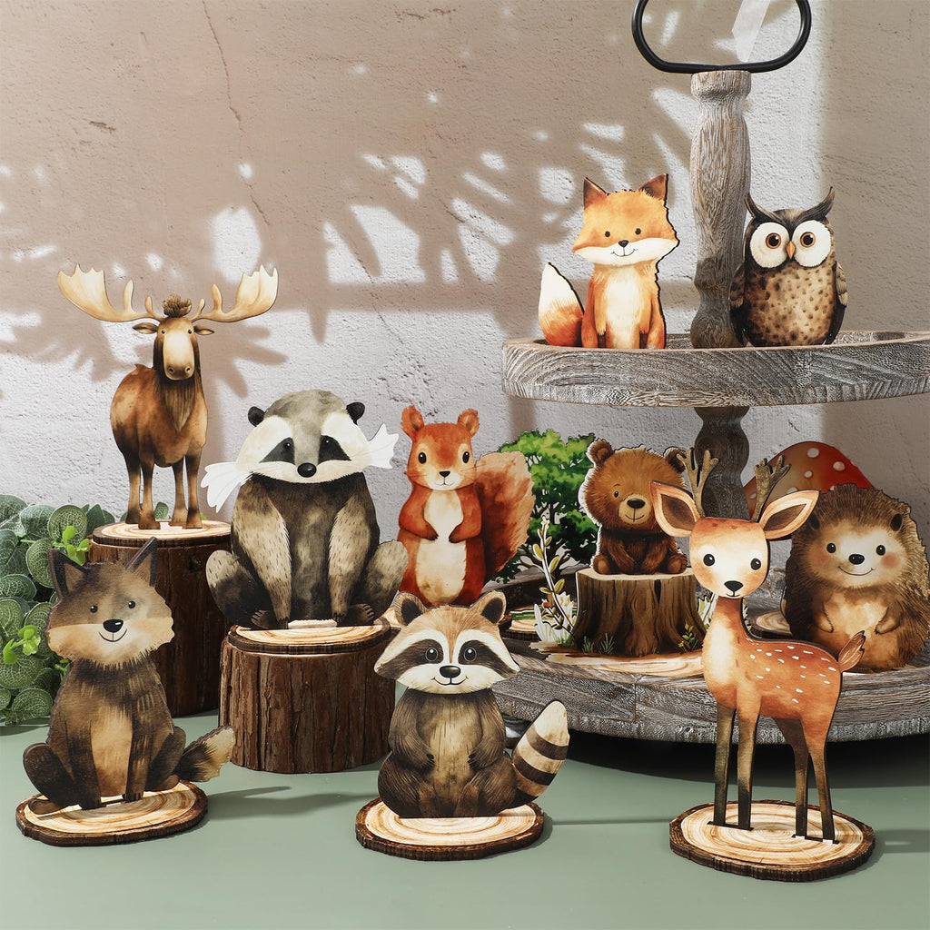 FYSUIMU 12-Piece Woodland Animal Wood Table Signs with Bases – Cute Farmhouse Tiered Tray Decor for Birthday, Baby Shower & Home