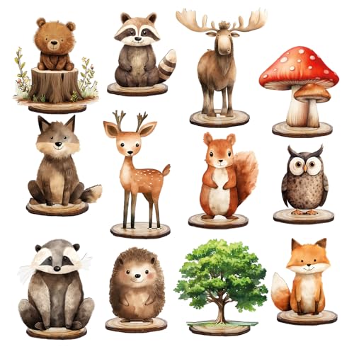 FYSUIMU 12-Piece Woodland Animal Wood Table Signs with Bases – Cute Farmhouse Tiered Tray Decor for Birthday, Baby Shower & Home