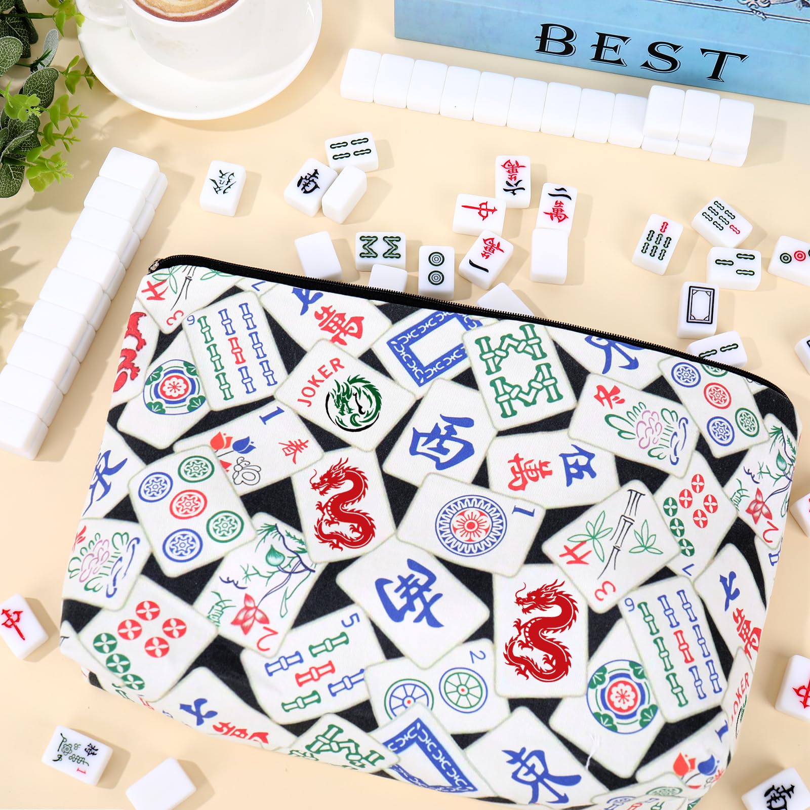 FYSUIMU Empty Mahjong Tile Bag – Black Printed Zipper Case for Tile Storage, Travel, and Parties