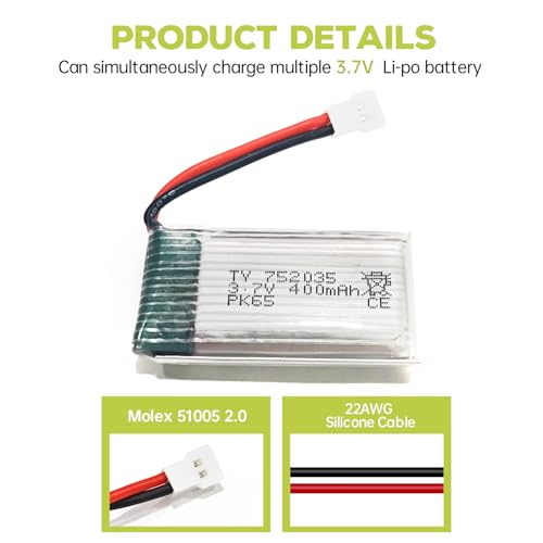 Fytoo 5-Pack 3.7V 400mAh Drone Battery with 5-in-1 Charger for SYMA Q11, H99W, H31, and More (Black)