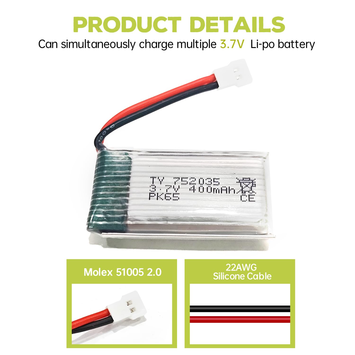 Fytoo 5-Pack 3.7V 400mAh Drone Battery with 5-in-1 Charger for SYMA Q11, H99W, H31, and More (Black)