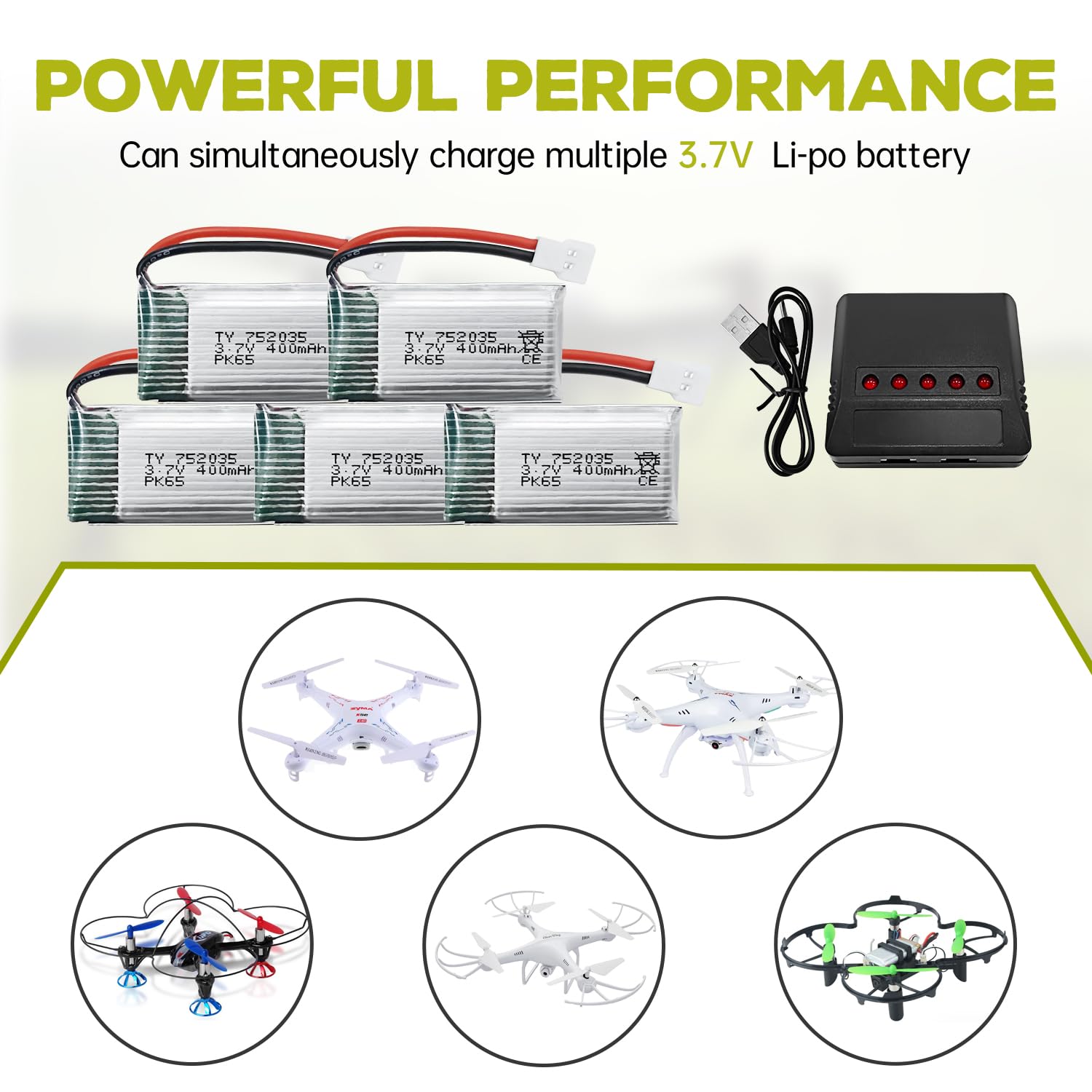 Fytoo 5-Pack 3.7V 400mAh Drone Battery with 5-in-1 Charger for SYMA Q11, H99W, H31, and More (Black)