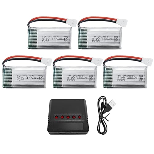 Fytoo 5-Pack 3.7V 400mAh Drone Battery with 5-in-1 Charger for SYMA Q11, H99W, H31, and More (Black)