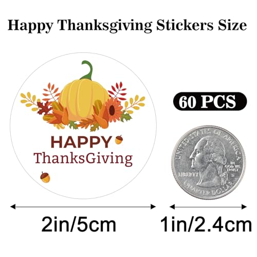 G2PLUS Happy Thanksgiving Stickers 60PCS - 2 Inch Round Fall Pumpkin Envelope Seals for Gifts