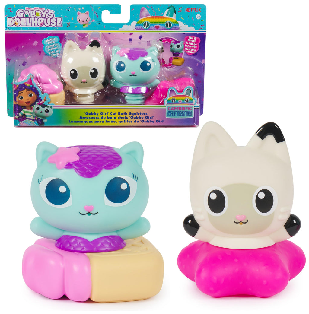 Gabby's Dollhouse Gabby Cat Bath Squirters: Mercat & Pandy Paws Floating Toddler Bath Toys for Ages 3+