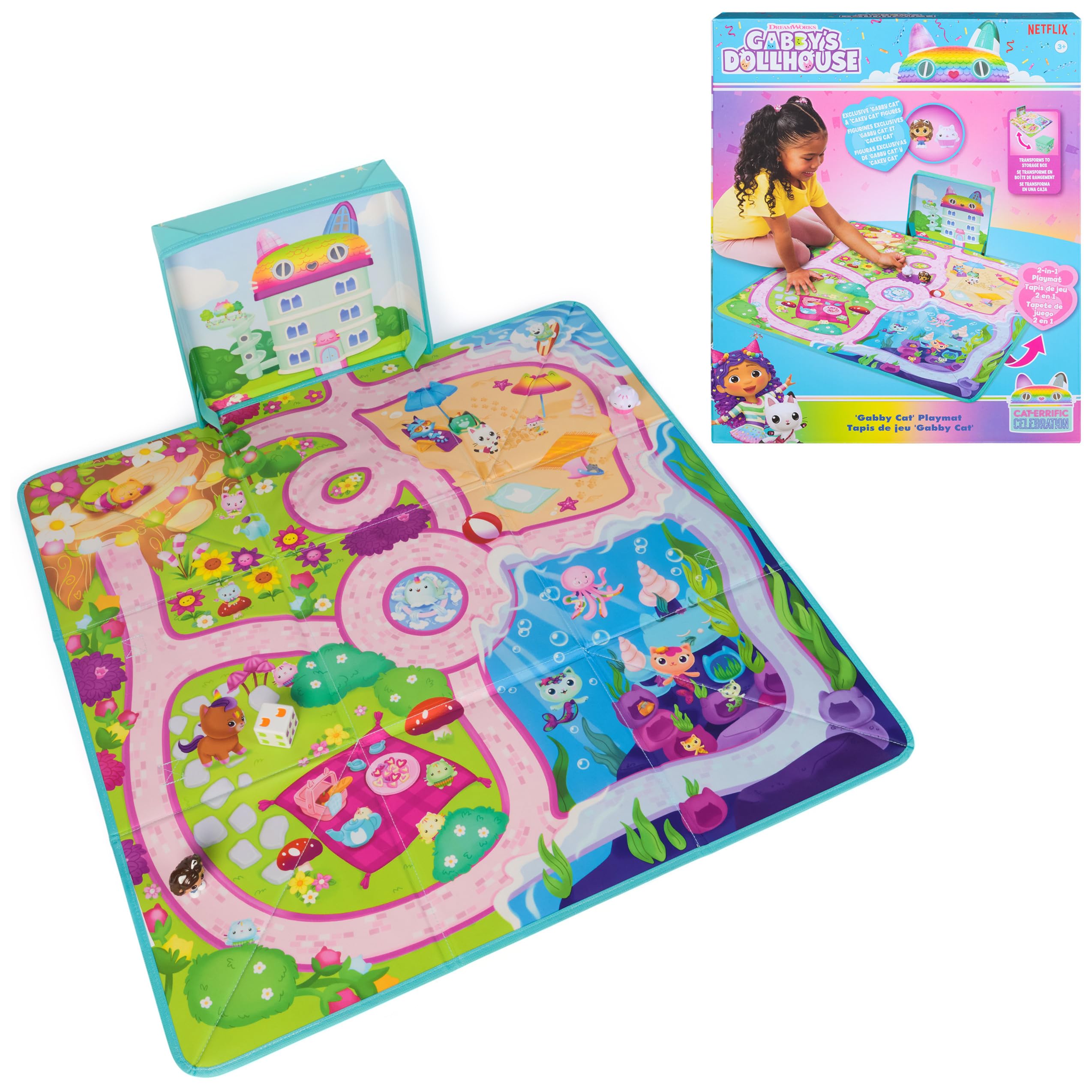 Gabby's Dollhouse Gabby Cat Playmat – 2-Foot Wide Mat with Gabby Girl & Cakey Cat Figures, Dice, and Board Game