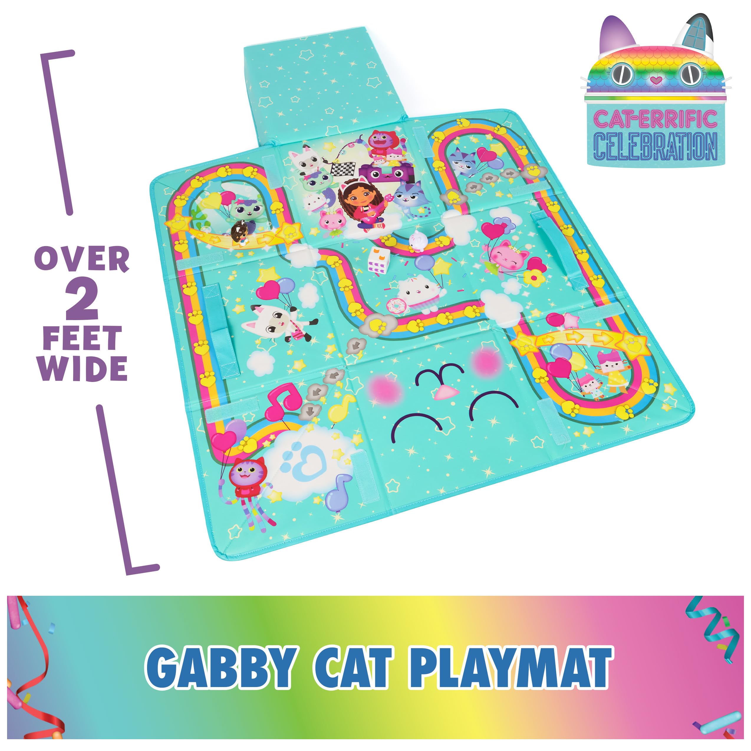Gabby's Dollhouse Gabby Cat Playmat – 2-Foot Wide Mat with Gabby Girl & Cakey Cat Figures, Dice, and Board Game