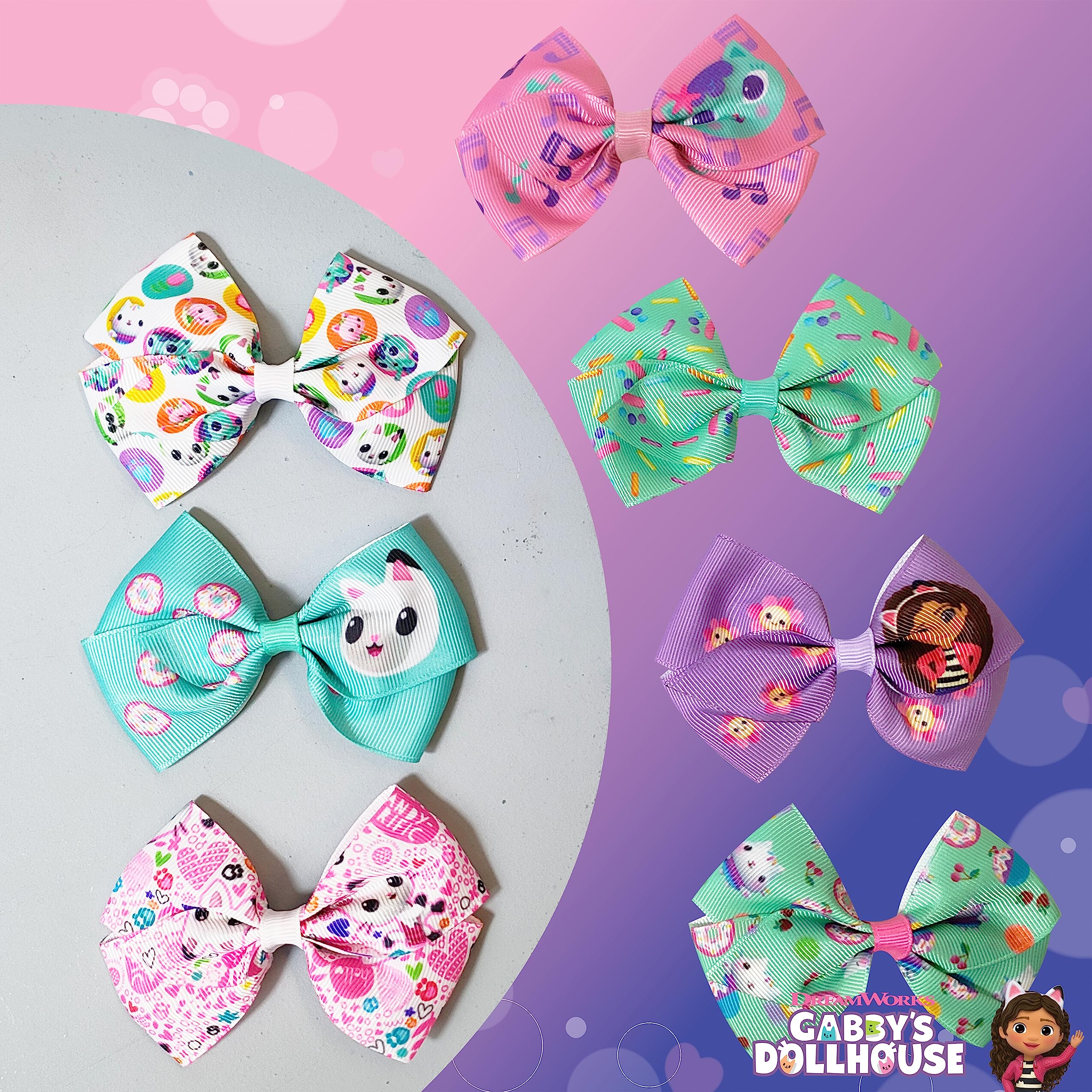 Gabby's Dollhouse Hair Bows Set - 7 Pack 4 Inch Alligator Clips for Girls Ages 3+