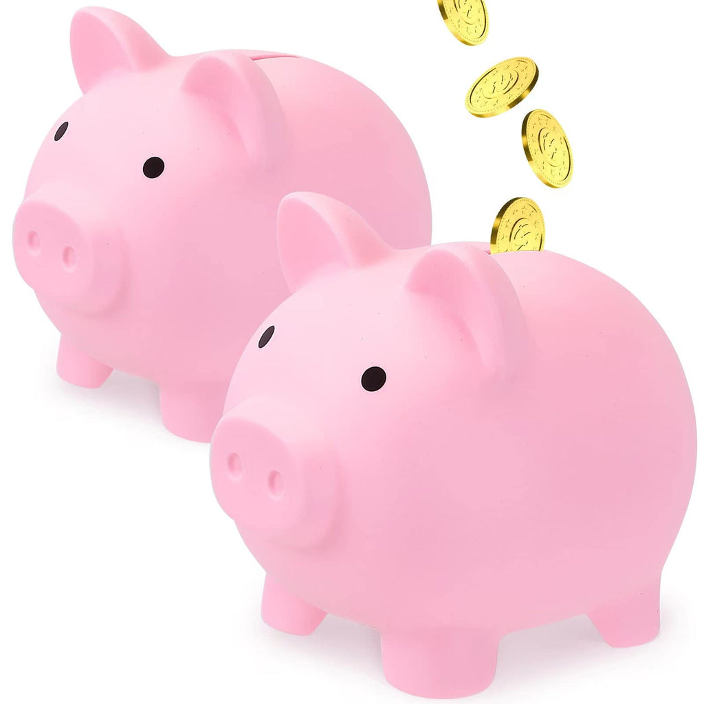 GADIEDIE 2-Pack Large Pink Piggy Bank for Kids - Unbreakable Plastic Coin Bank with Bottom Plug