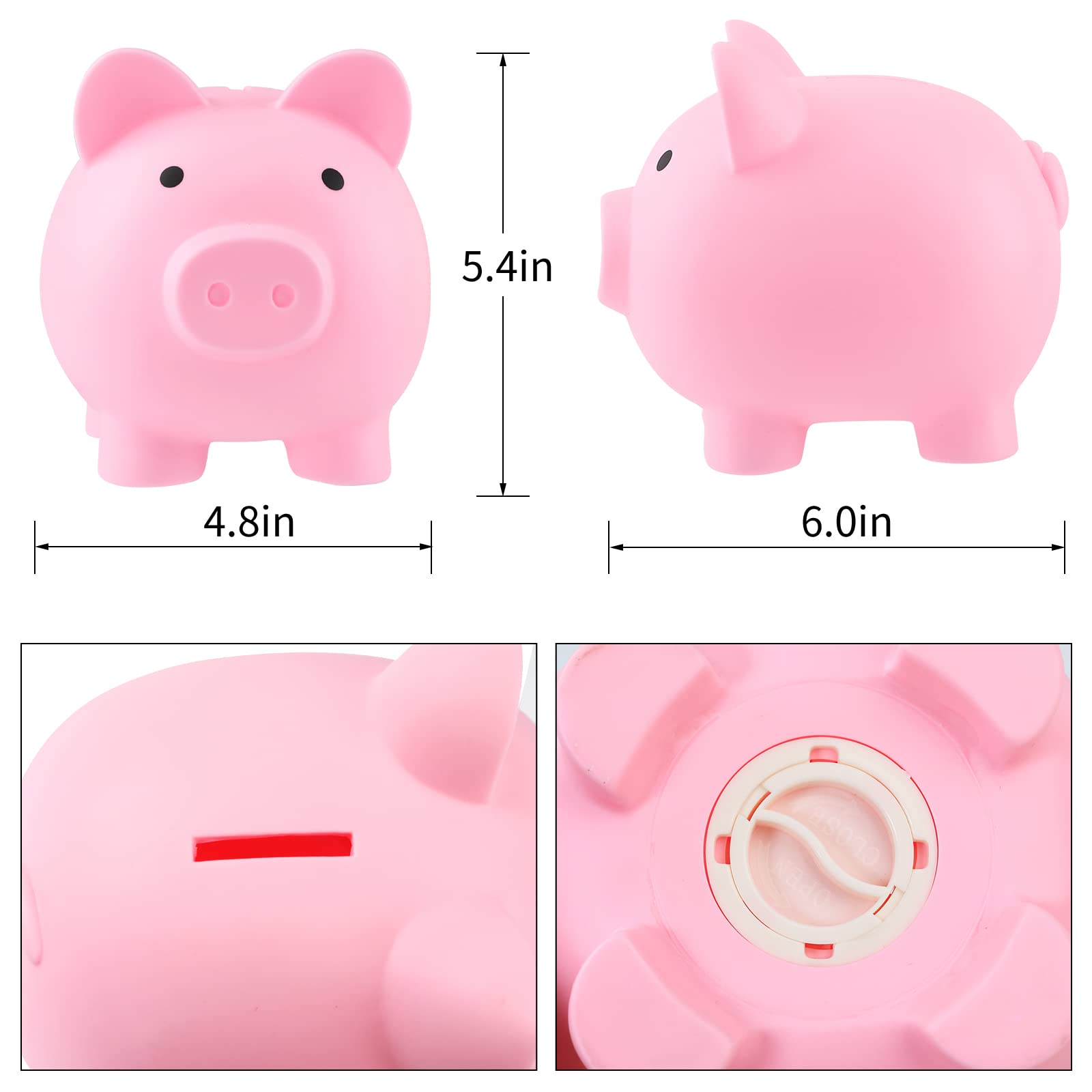 GADIEDIE 2-Pack Large Pink Piggy Bank for Kids - Unbreakable Plastic Coin Bank with Bottom Plug