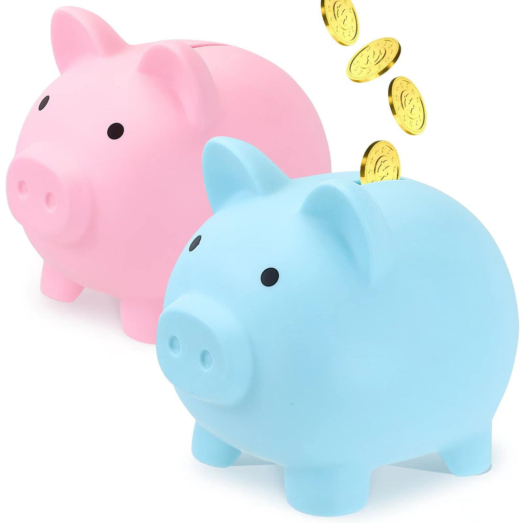 GADIEDIE 2-Pack Unbreakable Piggy Banks for Kids - Pink & Blue Plastic Coin Saver