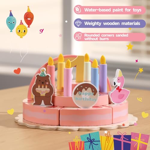 GAGAKU Wooden Birthday Cake Toy – 3-Tier Pretend Play Set for Toddlers