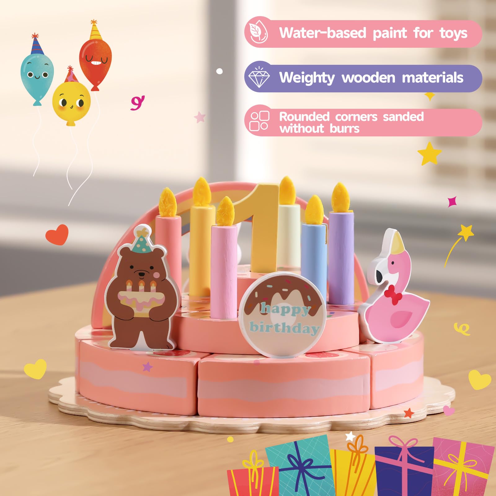 GAGAKU Wooden Birthday Cake Toy – 3-Tier Pretend Play Set for Toddlers