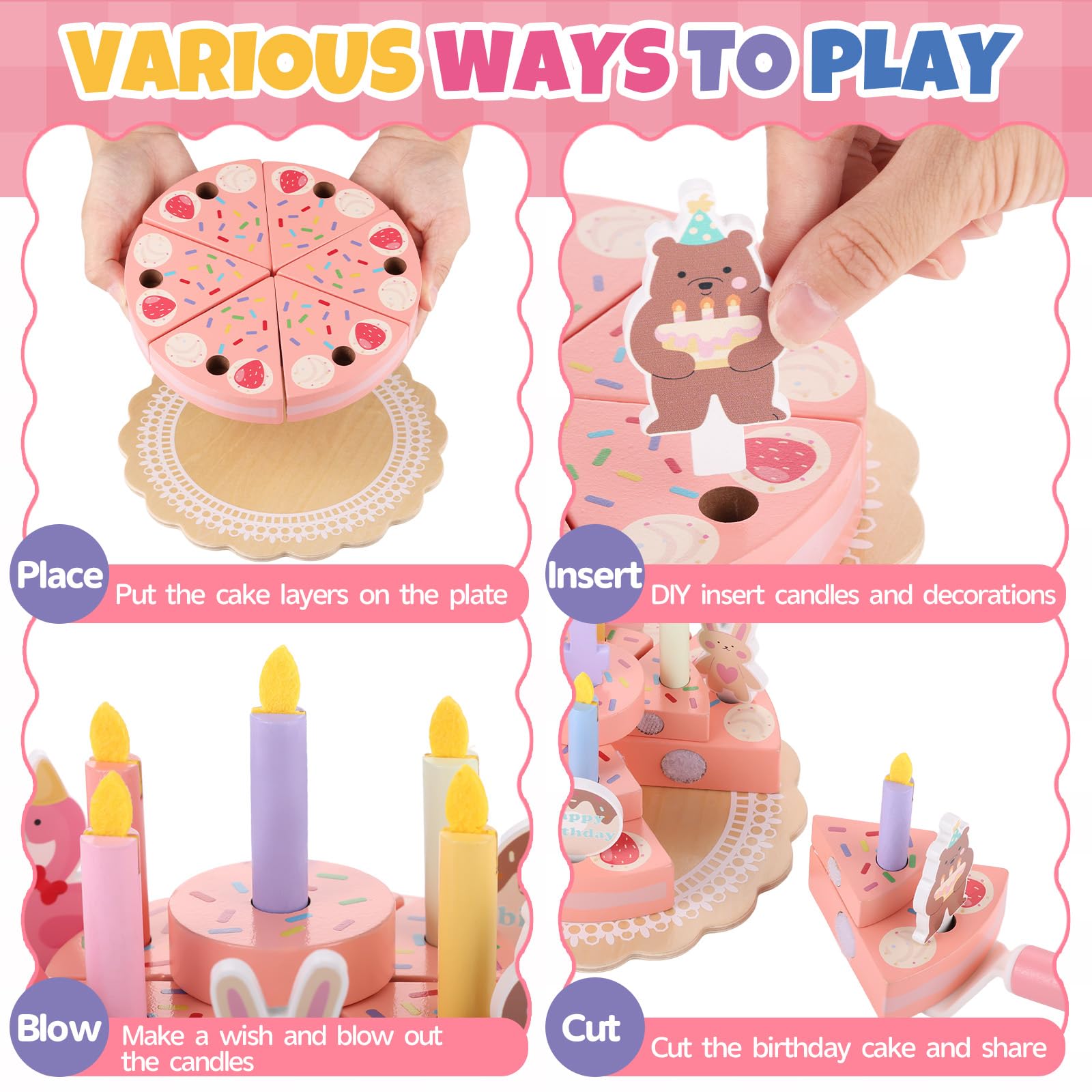 GAGAKU Wooden Birthday Cake Toy – 3-Tier Pretend Play Set for Toddlers