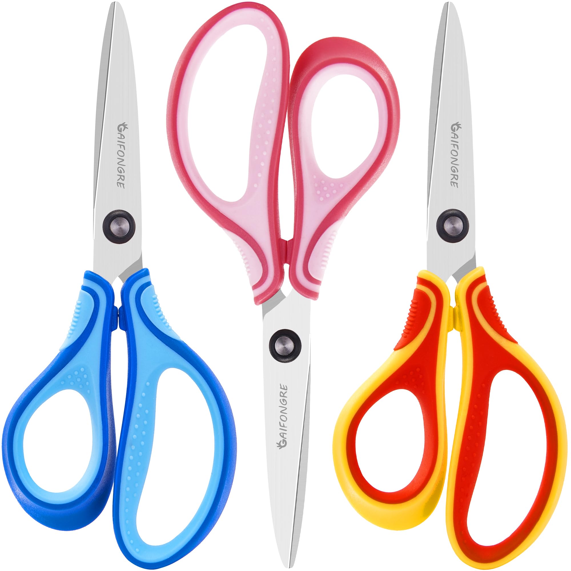 GAIFONGRE 7-Inch Left-Handed Scissors 3-Pack for Kids Ages 8-16 – Pointed Tip Stainless Steel with Soft Grip