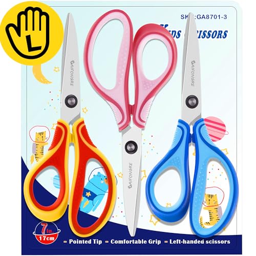 GAIFONGRE 7-Inch Left-Handed Scissors 3-Pack for Kids Ages 8-16 – Pointed Tip Stainless Steel with Soft Grip