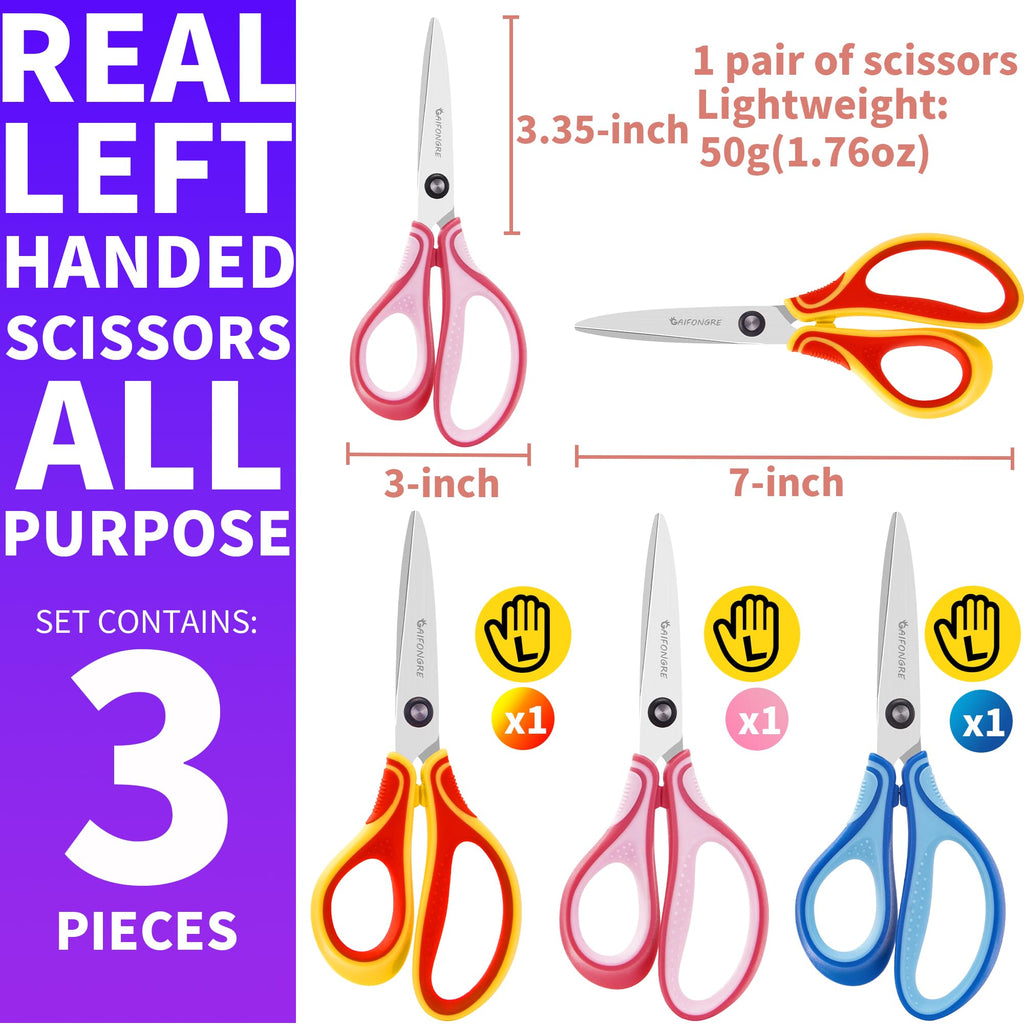 GAIFONGRE 7-Inch Left-Handed Scissors 3-Pack for Kids Ages 8-16 – Pointed Tip Stainless Steel with Soft Grip