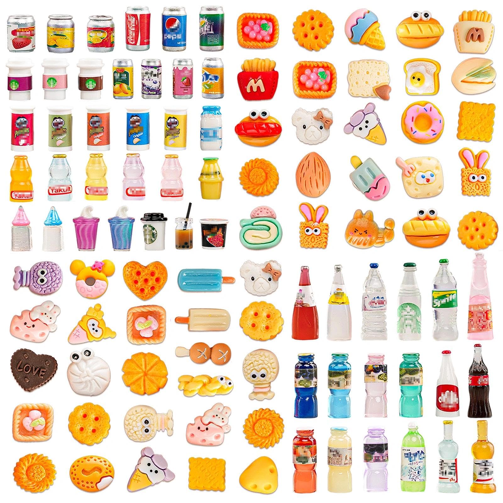 GALAOMA 100-Piece Miniature Food and Drink Set for 1/12 Dollhouse - Resin Soda Cans, Cakes, Ice Cream, and More