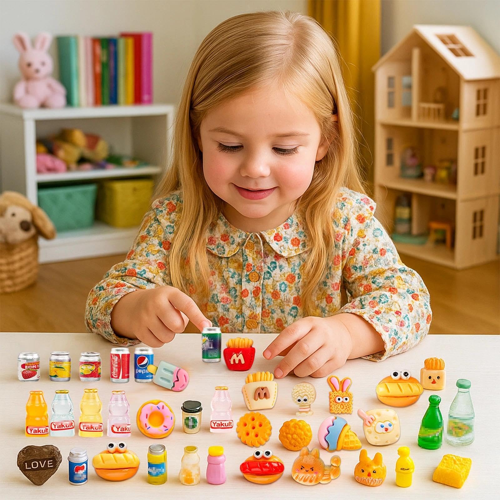 GALAOMA 100-Piece Miniature Food and Drink Set for 1/12 Dollhouse - Resin Soda Cans, Cakes, Ice Cream, and More