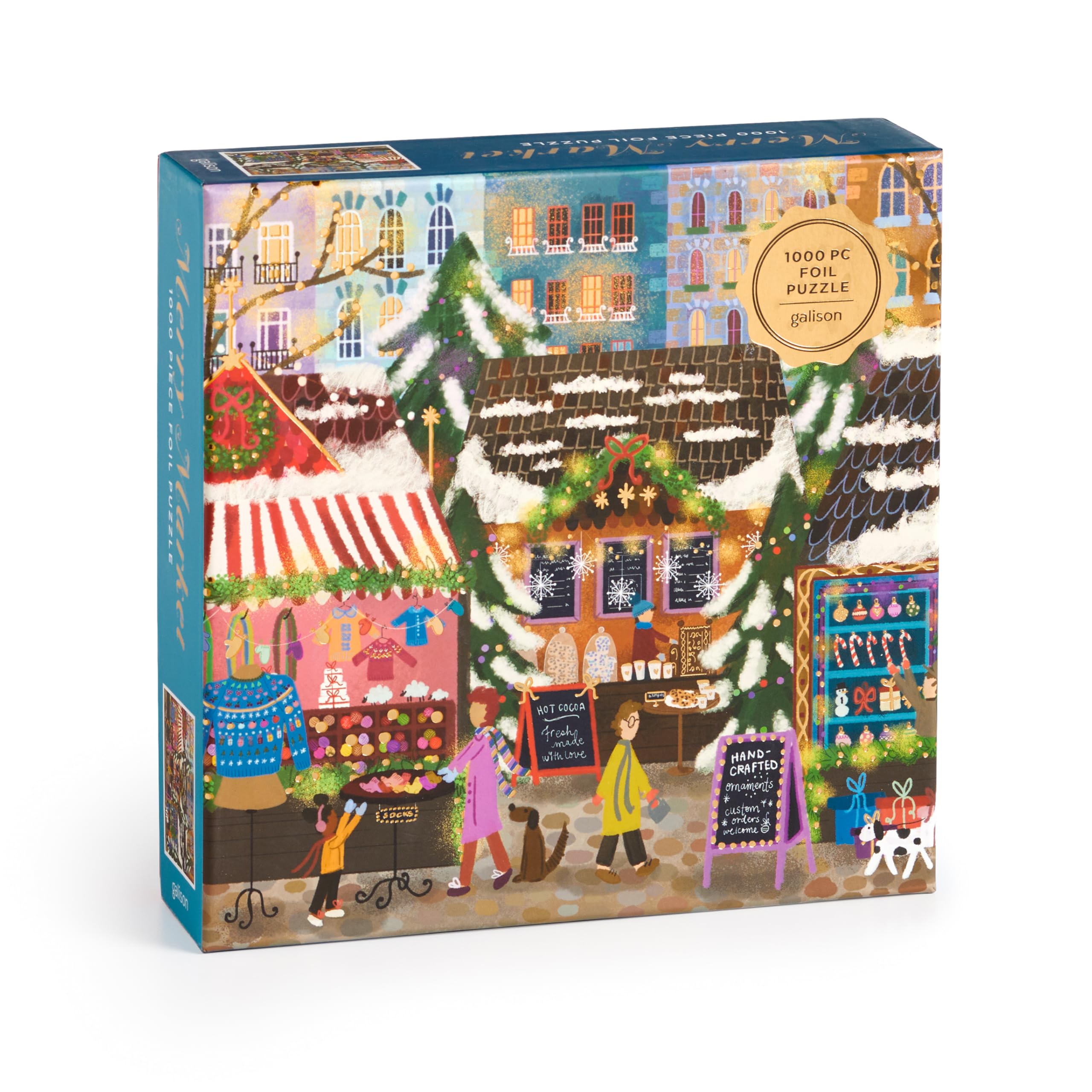 Galison Merry Market 1000 Piece Foil Jigsaw Puzzle – Winter Holiday Scene with Gold Accents