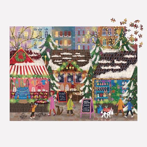 Galison Merry Market 1000 Piece Foil Jigsaw Puzzle – Winter Holiday Scene with Gold Accents
