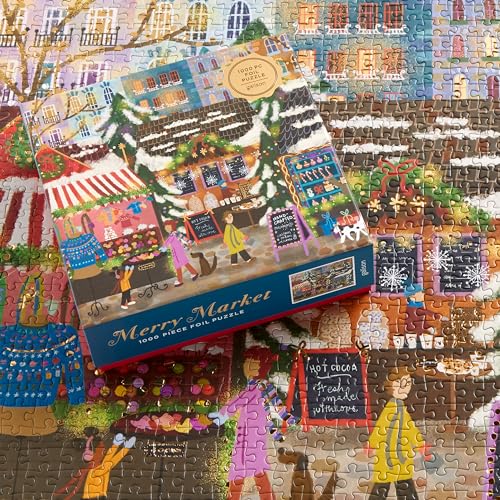 Galison Merry Market 1000 Piece Foil Jigsaw Puzzle – Winter Holiday Scene with Gold Accents