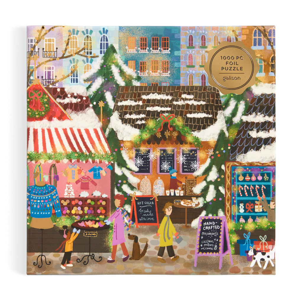 Galison Merry Market 1000 Piece Foil Jigsaw Puzzle – Winter Holiday Scene with Gold Accents