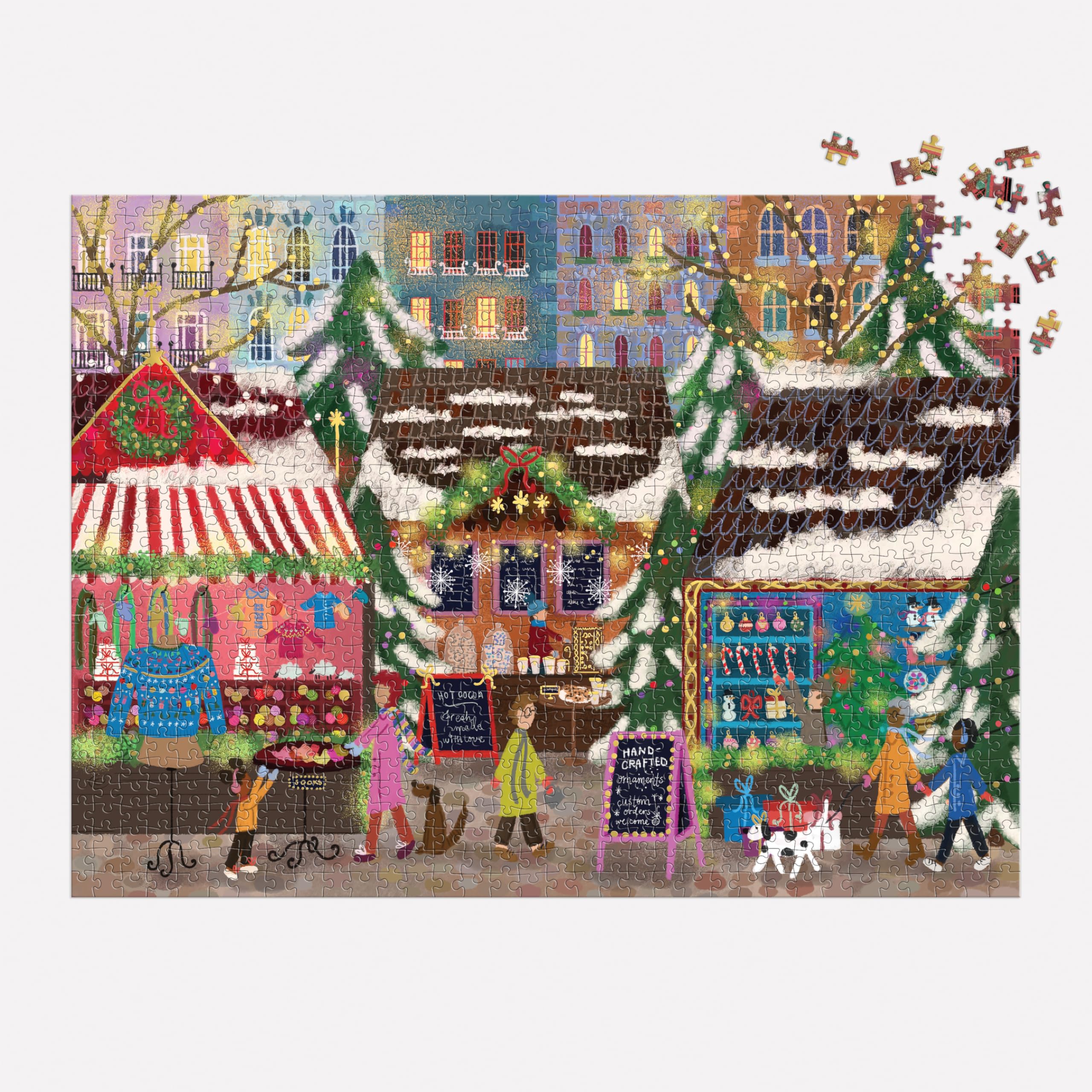 Galison Merry Market 1000 Piece Foil Jigsaw Puzzle – Winter Holiday Scene with Gold Accents